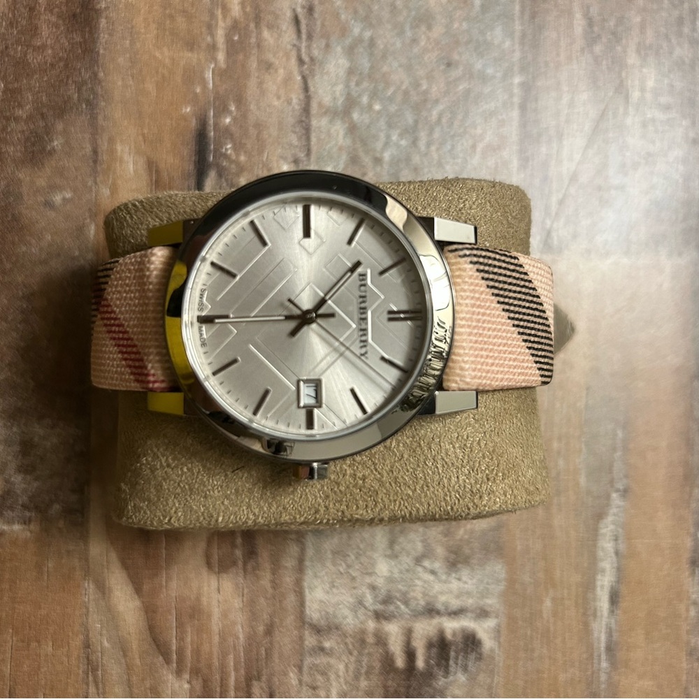 Burberry Silver Dial Watch with Beige & Black Check Strap